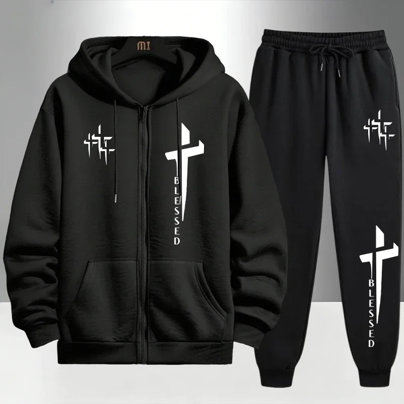 Men'S Fashion Zipper Hoodie - Cross Blessed Print Tracksuit for Men