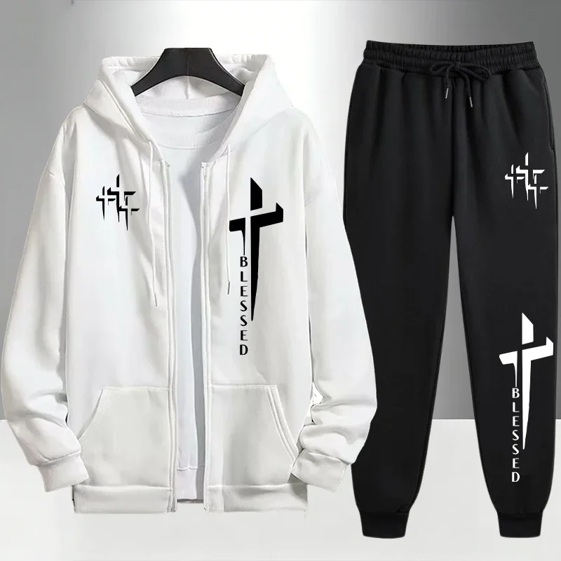 Cross Blessed Print Tracksuit  - Men'S Fashion Zipper Hoodie recension och pris